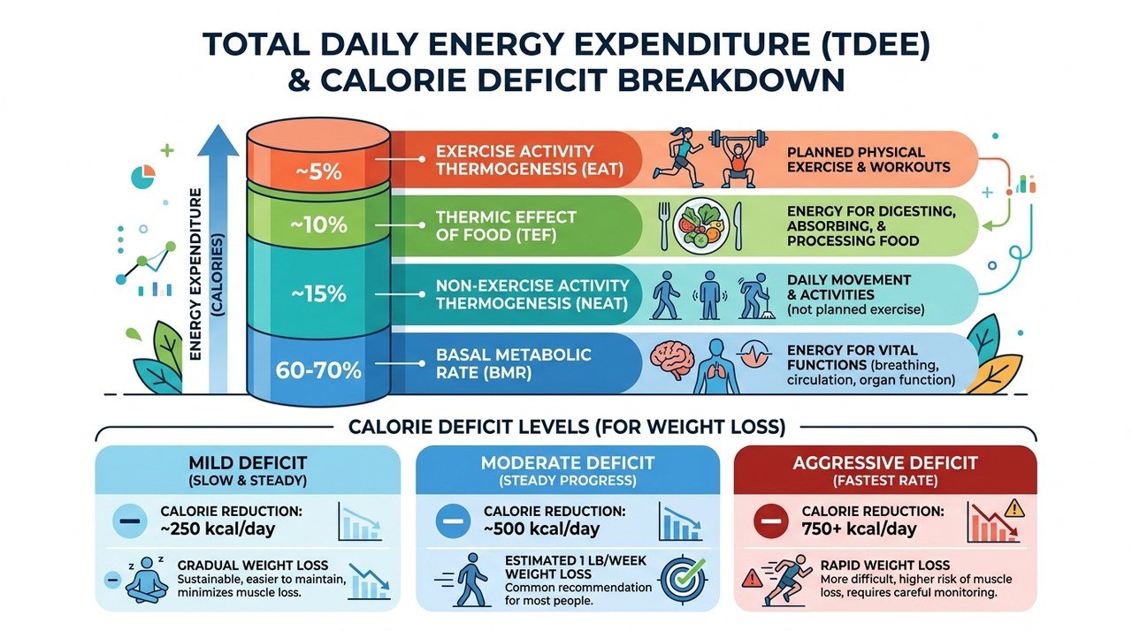 Total Daily Energy Expenditure TDEE and Calorie Deficit Breakdown Infographic