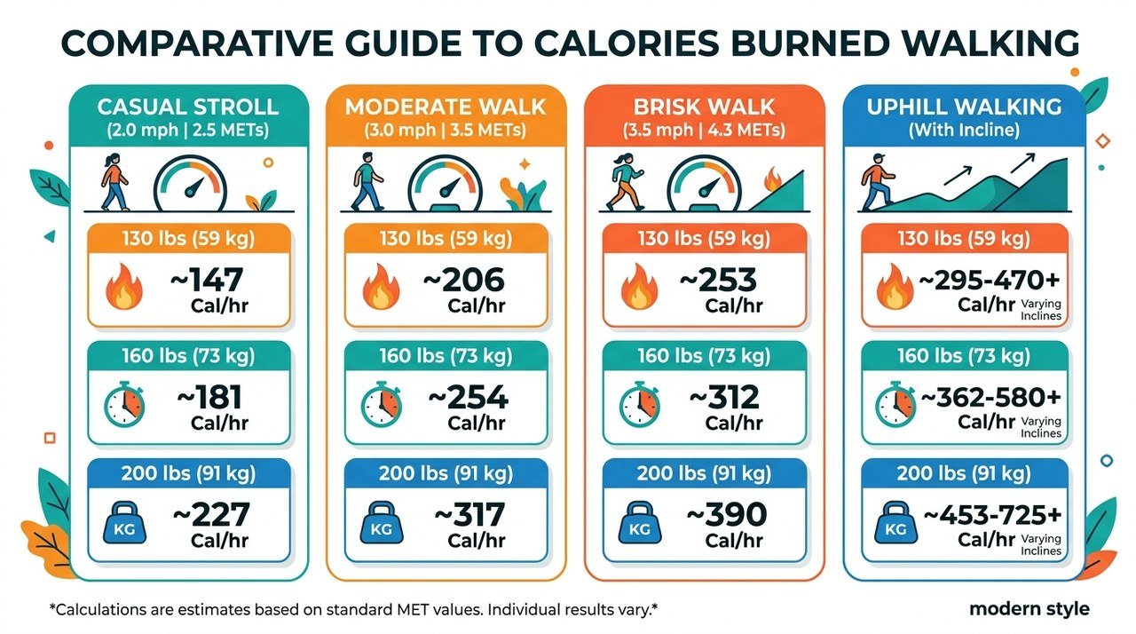 Calories Burned Walking Comparative Chart by Pace and Incline