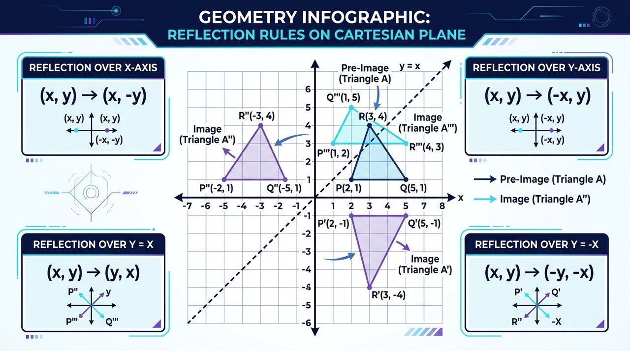 Geometry Infographic: Reflection Rules on Cartesian Coordinate Plane