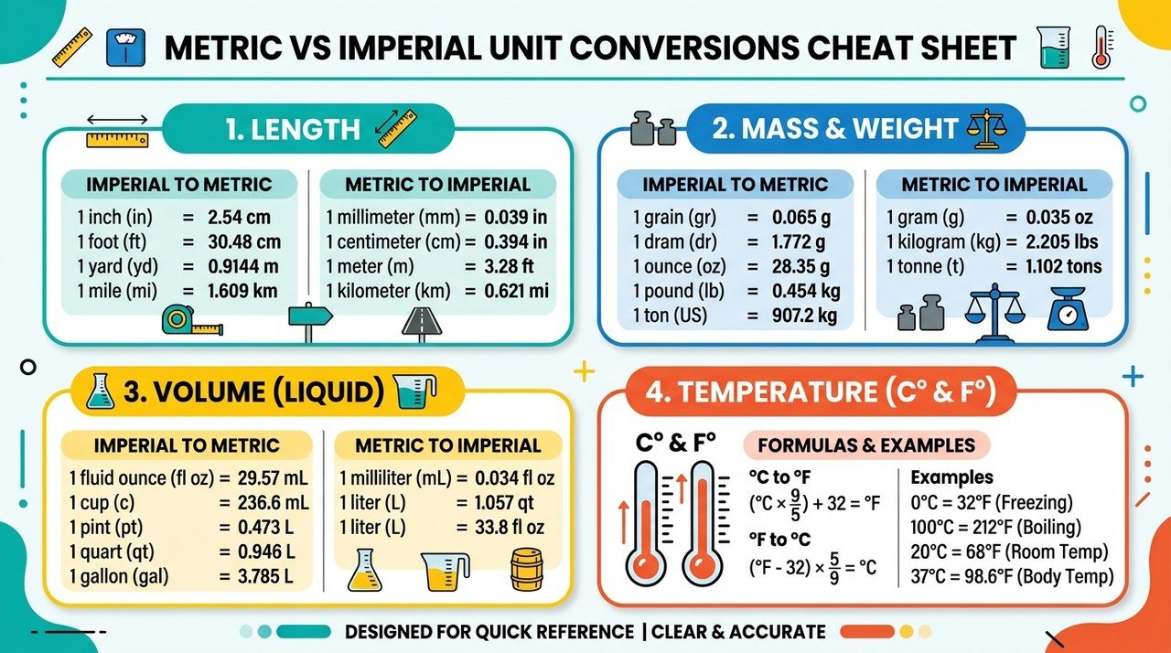 Metric vs Imperial Unit Conversions Cheat Sheet Infographic