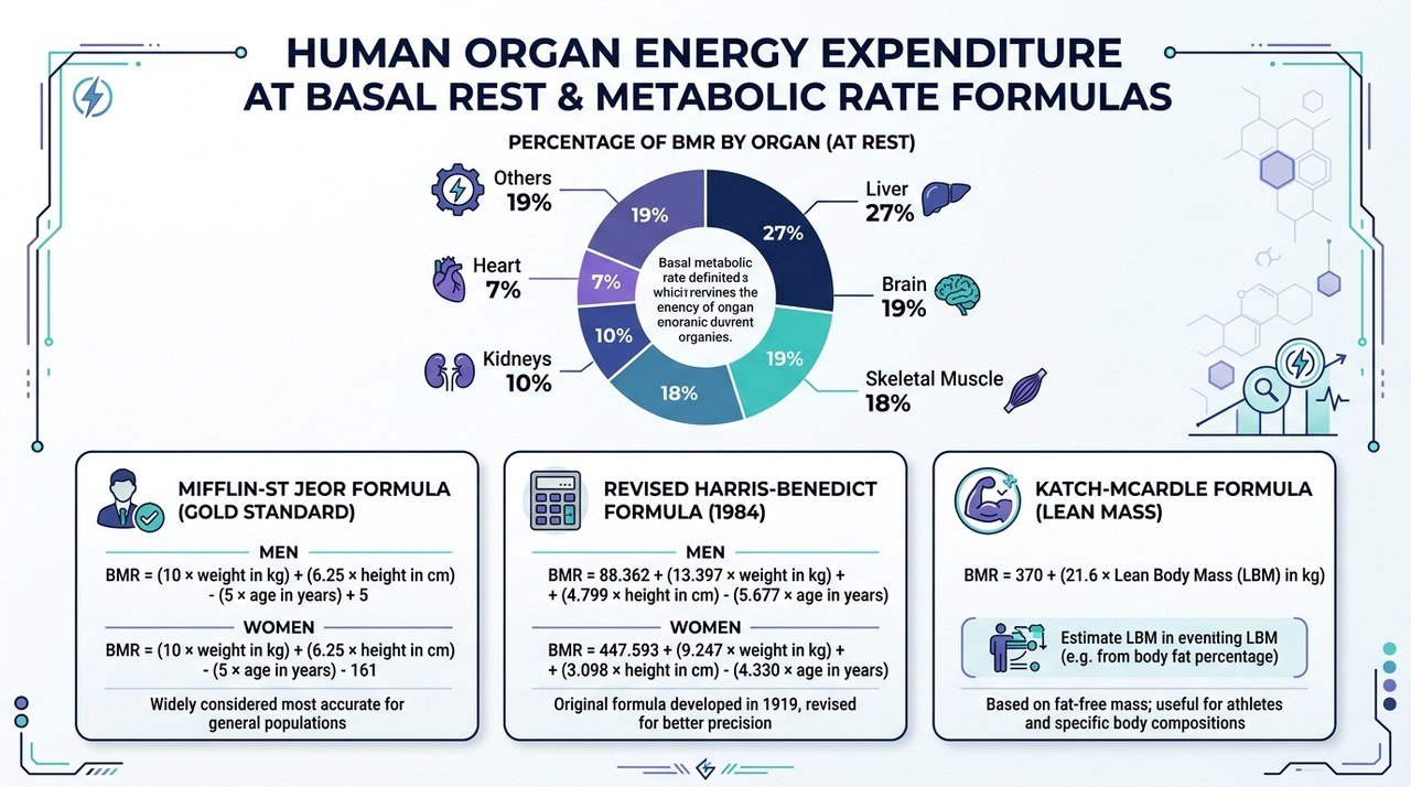 Human Organ Energy Expenditure at Basal Rest and Metabolic Rate Formulas