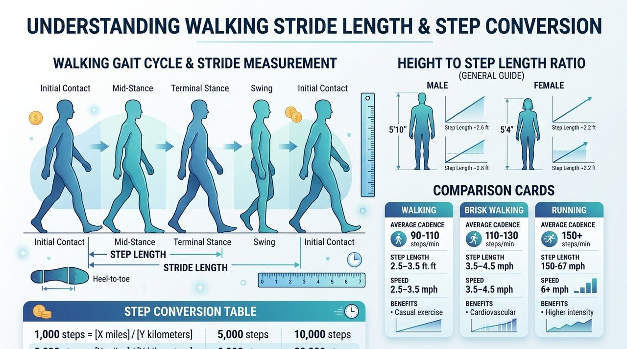 Walking Stride Length, Gait Cycle and Step Conversion Infographic